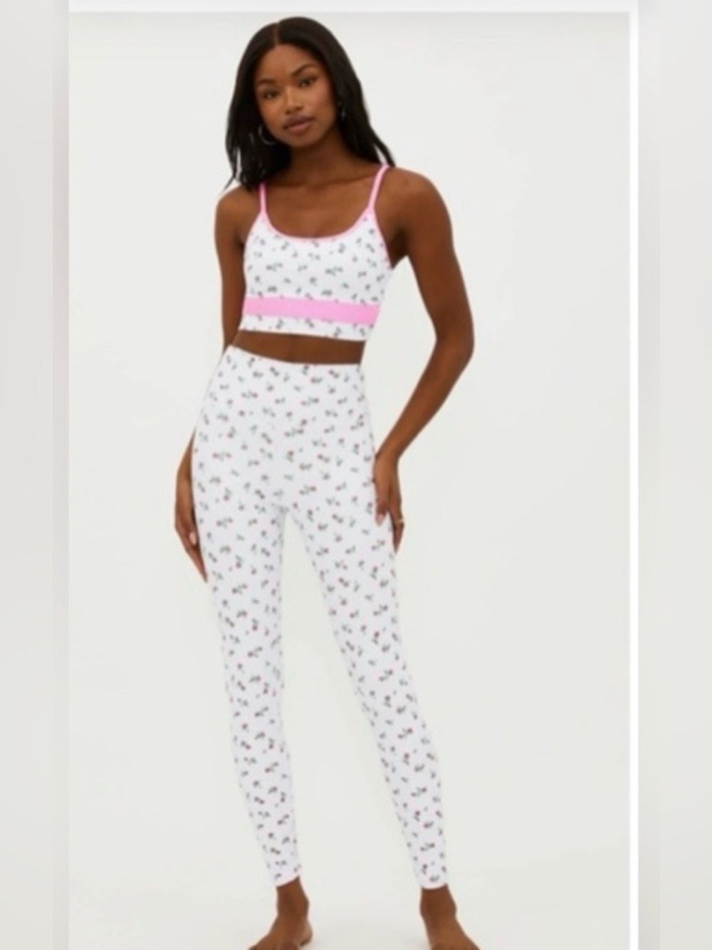 Beach Riot White Floral Sports Bra with Pink Trim